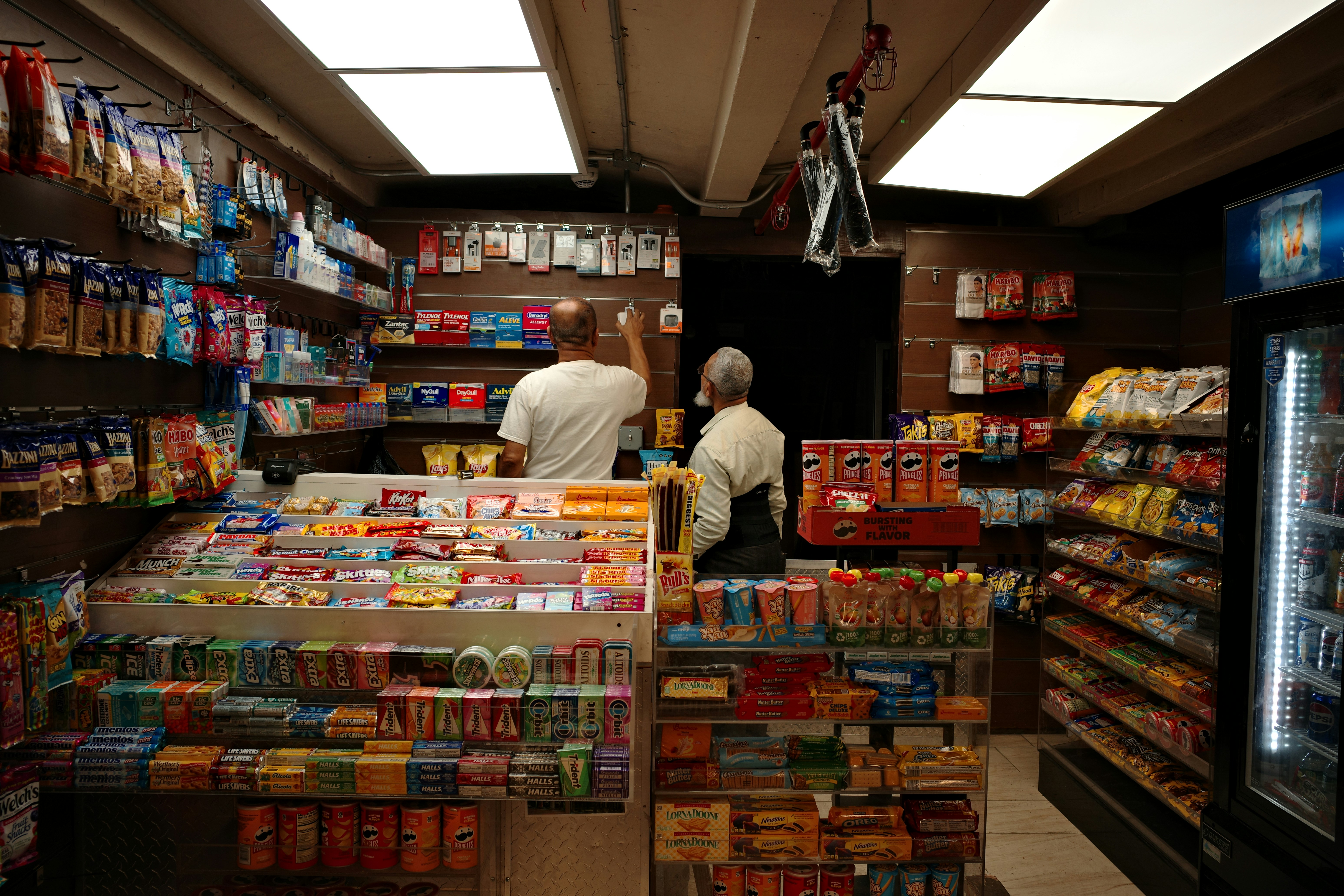 Inside a convenience store with snacks and drinks